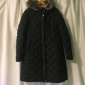 Ralph Lauren Black Quilted Down Trench Coat w/ Faux Fur Hood Women’s Size Medium